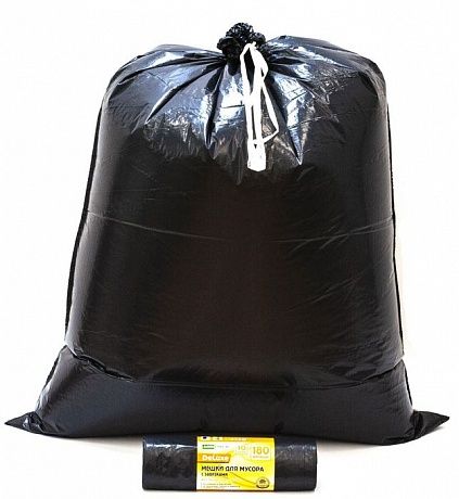 Мешки для мусора с завязками 180 литров, 85x110 см, 10 штук, ПВД+ПНД 3-х слойные черные 35 мкм для тяжелых и острых отходов прямое дно + ленты для затягивания - Вид 2